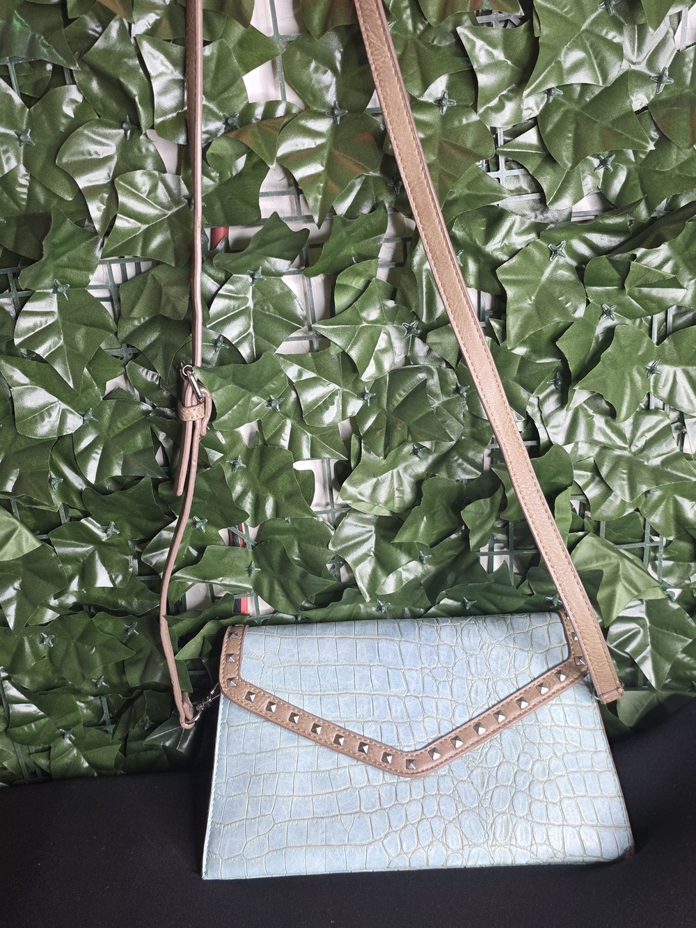 Light Blue Croc-Embossed Crossbody Bag with Tan Trim